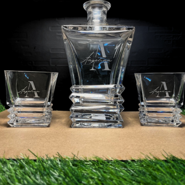 Engraved Whiskey Decanter Set & 4 Scotch Glasses, Personalized Custom Vintage Whisky Barware Birthday Gift Dad/ Him, Groomsman Name, Logo, Monogram, Photo, Love symbol Deep engraving your Decanter Set