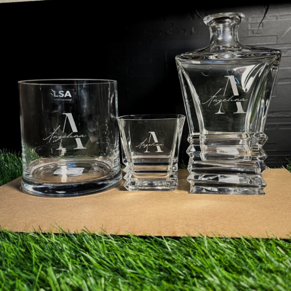 Engraved Whiskey Decanter Set & 4 Scotch Glasses, Personalized Custom Vintage Whisky Barware Birthday Gift Dad/ Him, Groomsman Name, Logo, Monogram, Photo, Love symbol Deep engraving your Decanter Set
