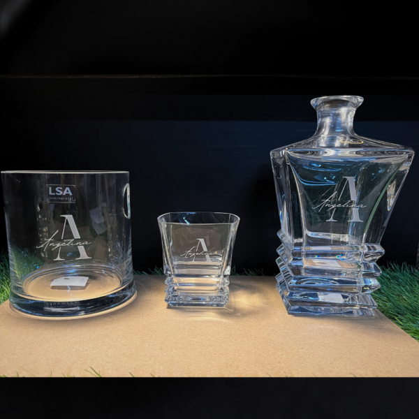 Engraved Whiskey Decanter Set & 4 Scotch Glasses, Personalized Custom Vintage Whisky Barware Birthday Gift Dad/ Him, Groomsman Name, Logo, Monogram, Photo, Love symbol Deep engraving your Decanter Set