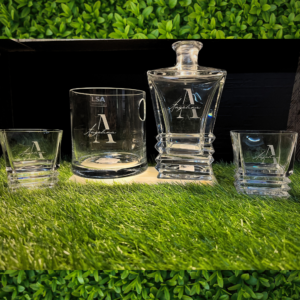 Engraved Whiskey Decanter Set & 4 Scotch Glasses, Personalized Custom Vintage Whisky Barware Birthday Gift Dad/ Him, Groomsman Name, Logo, Monogram, Photo, Love symbol Deep engraving your Decanter Set 