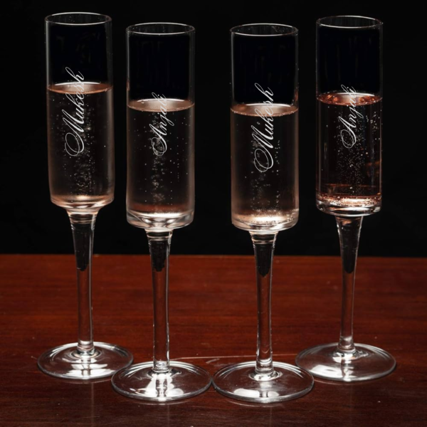 Personalized Pair of Crystal Toasting Flutes in Custom deep Engraved, Couple Champagne Glasses Set Valentines Anniversary Wedding Gift