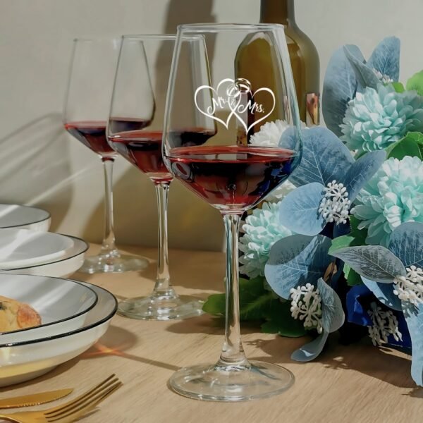 Mr & Mrs Wine Glasses, Wedding Gift Set of 2, Crystal Clear with Heart Design