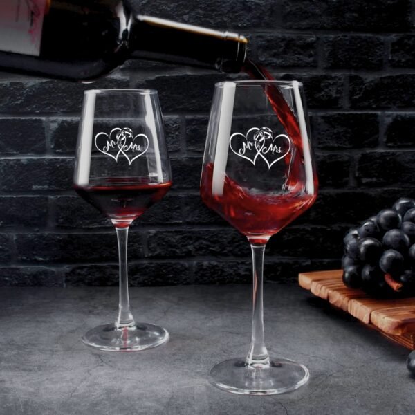 Mr & Mrs Wine Glasses, Wedding Gift Set of 2, Crystal Clear with Heart Design