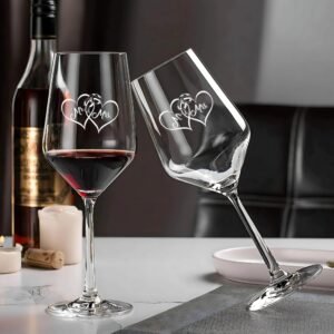 Mr & Mrs Wine Glasses, Wedding Gift Set of 2, Crystal Clear with Heart Design