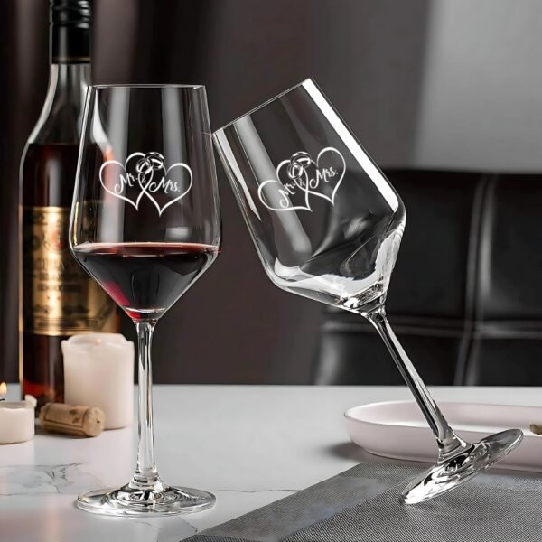 Mr & Mrs Wine Glasses, Wedding Gift Set of 2, Crystal Clear with Heart Design